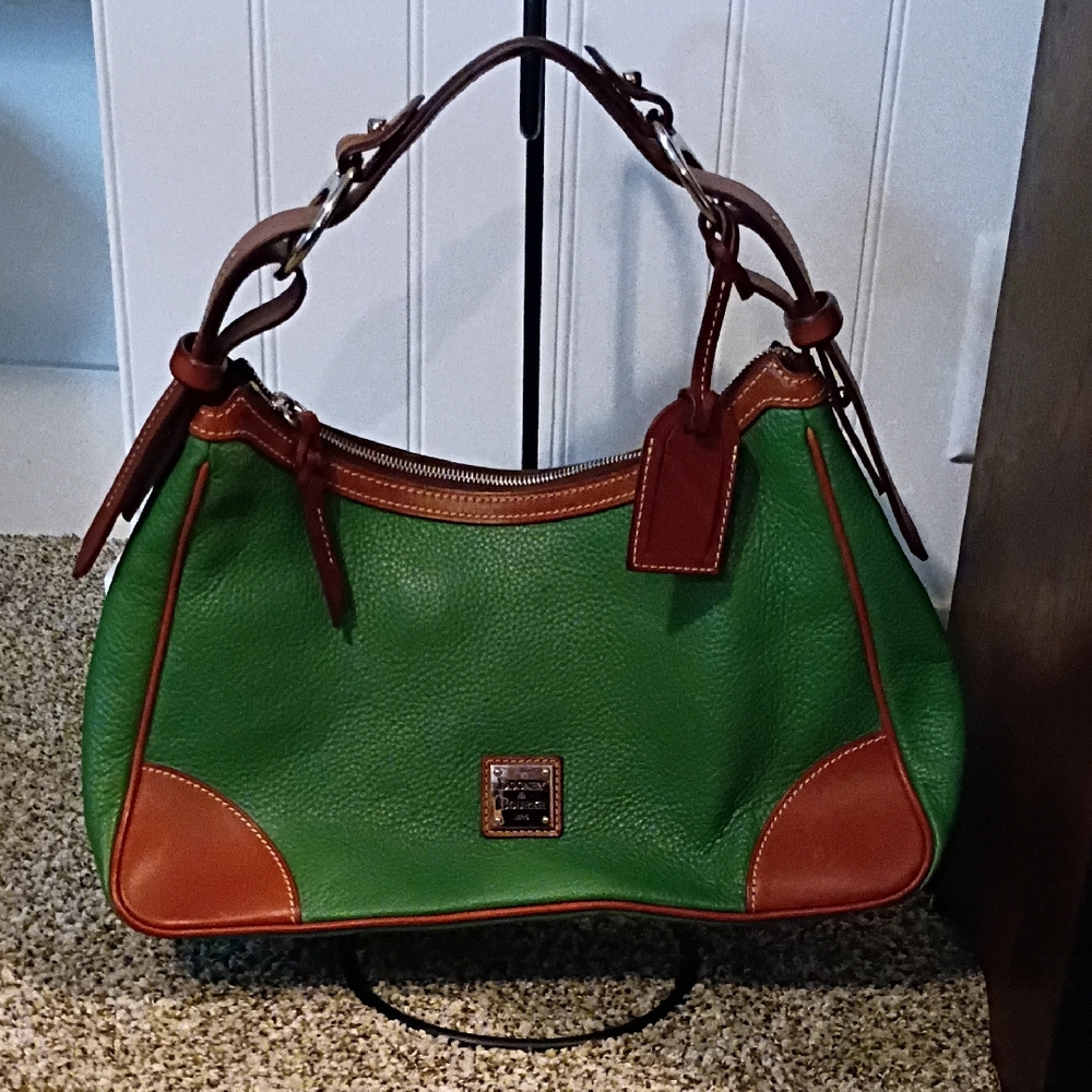 Dooney & Bourke Green Leather Shoulder Bag with Brown Trim